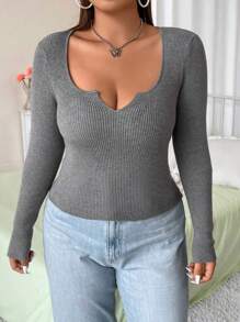 Flirla 大碼缺口領條紋針織套頭毛衣 - 灰色 - 查看 1