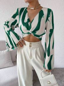 Rafferiza Graphic Print Twist Front Crop Blouse Fall Cloth For Women - Green - View 4