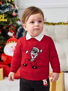 SHEIN Baby Boy Christmas Santa Claus Print Sweater Without Shirt - Red - View 3