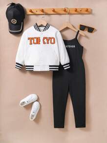 SHEIN Young Girl Letter Patched Striped Trim Bomber Jacket & Cami Jumpsuit - Black and White - View 1