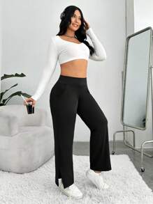 SHEIN EZwear Hơn Viền chia cắt Quần chân thẳng - màu đen - Xem 5