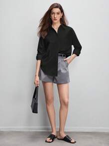 BizChic 女士纯色翻领长袖衬衫，挺括有型，都市通勤必备单品，简约优雅时尚商务休闲风，适合教师及办公室穿着。 - 黑色 - 查看 7