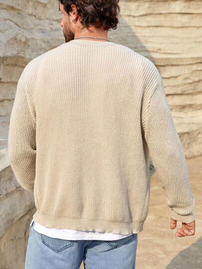 Manfinity VCAY Cárdigan de botones sólido para hombres, de estilo urbano casual, de hombros caídos, de punto grueso y liso en color caqui, para salir, como regalo para el esposo o novio, estilo "old money", para otoño e invierno
