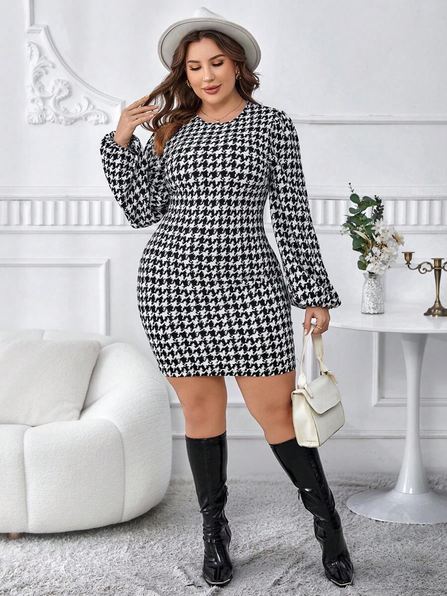 SHEIN Clasi 大碼千鳥格印花燈籠袖緊身洋裝 - 黑與白 - 查看 1
