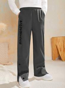 SHEIN Cậu bé Tween Đồ họa Chữ cái Chi tiết Nút Quần - Màu xám đen - Xem 1