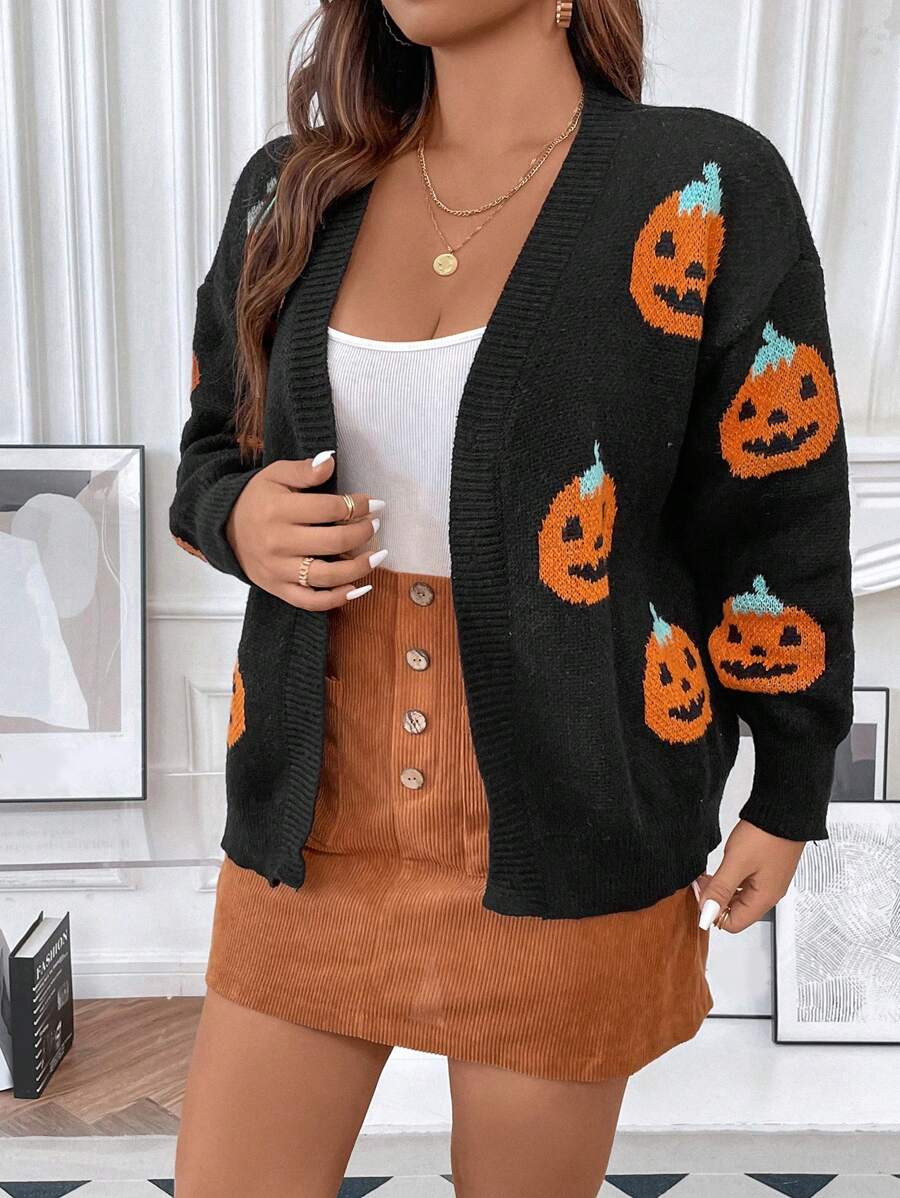 Shein unity plus size halloween pumpkin pattern drop shoulder cardigan