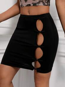 EastFlair Cut Out Button Front Bodycon Skirt - Black - View 1
