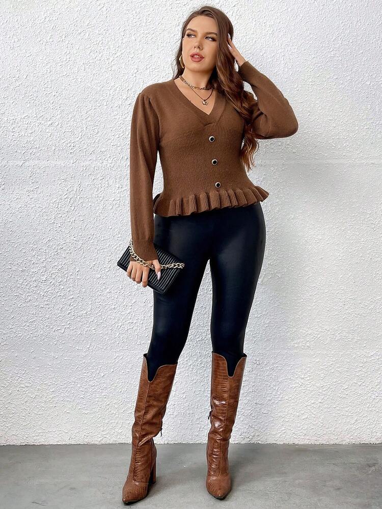 Plus Button Front Ruffle Hem Sweater Knit Pullover Fall Winter Sweater