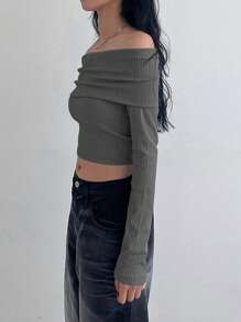 DAZY Off Shoulder Crop Tee Long Sleeve Women Tops - Dark Grey - View 3
