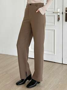 DAZY Solid Slant Pocket Straight Leg Suit Pants - Brown - View 4