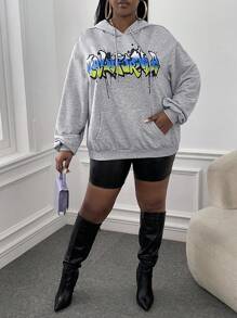 Slaydiva Plus Letter Graphic Drop Shoulder Drawstring Hoodie - Light Grey - View 1