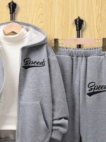 SHEIN EZwear Women'S Plus Size Hooded Zipper Sweatshirt And Jogger Knit Two-Piece Set With Letter Print - Light Grey - View 5