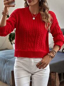 Knit Mix Cable Knit Drop Shoulder Sweater - Red - View 1
