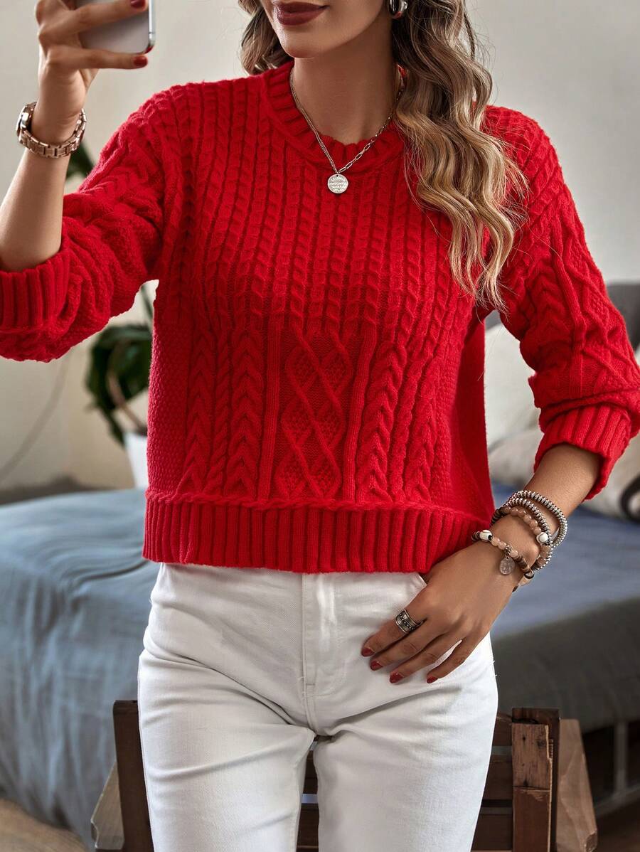 Knit Mix Cable Knit Drop Shoulder Sweater - Red - View 1