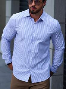 Manfinity Mode Men Striped Print Shirt Slim Fit Long Sleeve Button Up Collar Business Shirt, For Fall