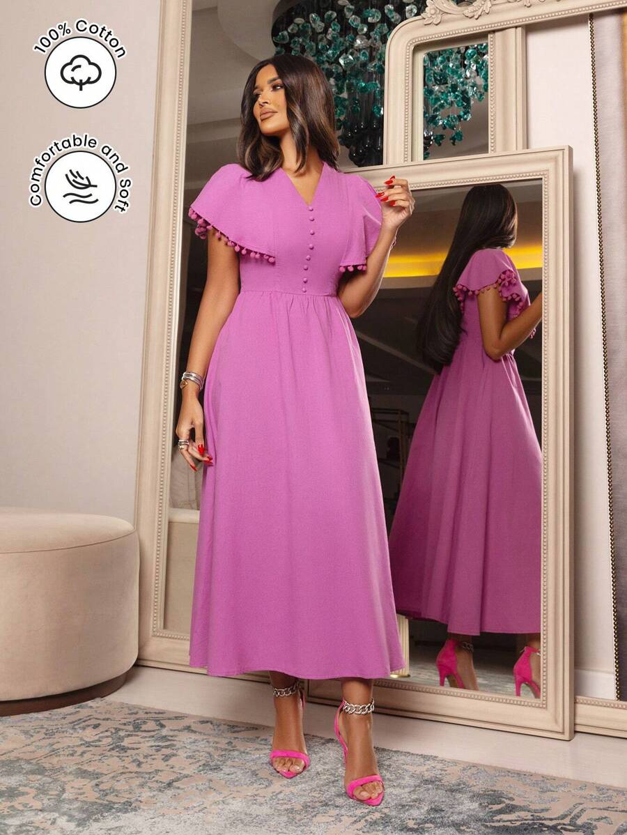 Seusyu Pompom Kant Knappar Framtill Klänningar - Blåröd - Visa 1