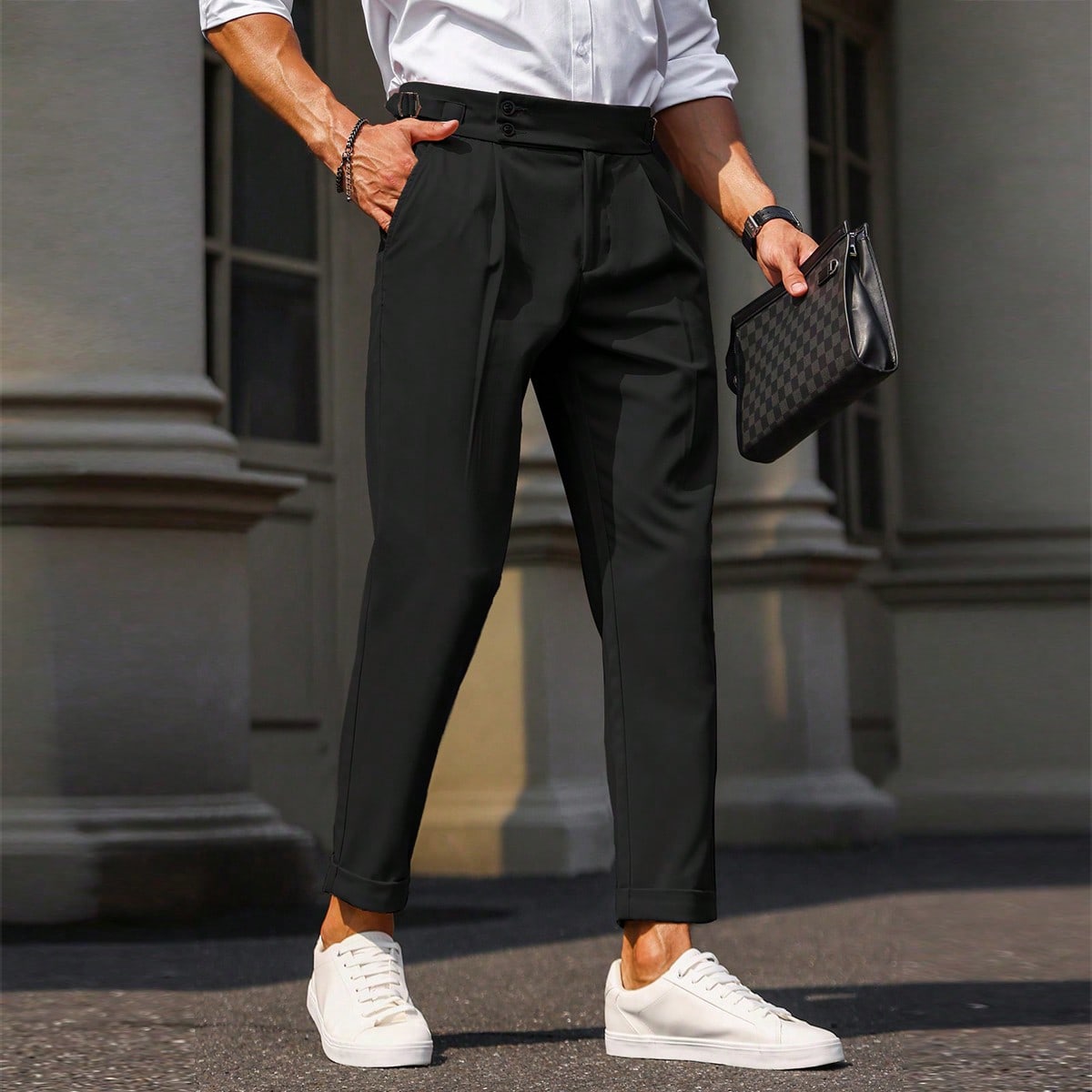 Pantalones de traje formales para hombre con bolsillos inclinados, color sólido, para ceremonia