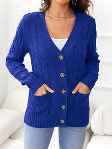 DEARCASE Áo len đan nút phía trước bằng dây cáp - Màu xanh lam - Xem 5