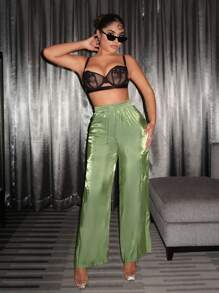 SHEIN SXY Drawstring Waist Wide Leg Pants - Green - View 6