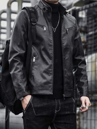 男士长袖拉链PU皮夹克，复古摇滚风，秋冬款