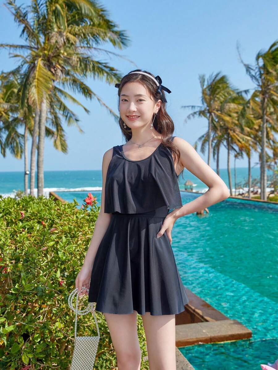 DAZY Solid Ruffle Trim One Piece Swimsuit