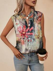 SHEIN LUNE 印花前紐扣無袖襯衫 - 彩色 - 查看 4