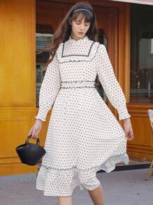 Simple Retro Polka Dot Print Ruffle Trim Dress - White - View 2