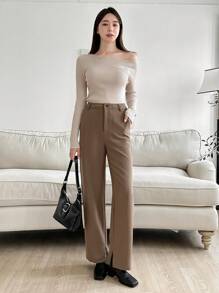 DAZY Solid Slant Pocket Straight Leg Suit Pants - Brown - View 7