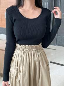 DAZY Chất rắn Scoop Cổ Áo len - màu đen - Xem 7