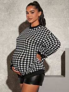 SHEIN 孕婦千鳥格印花落肩T恤 - 黑與白 - 查看 4