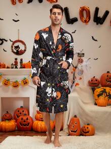 男士萬聖印花雙口袋附腰帶睡袍