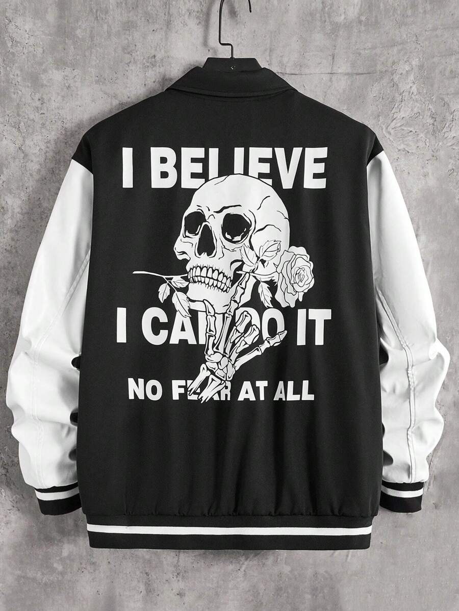 Manfinity NXTstreet Oversized Herren Jacke mit Schädel- und Spruchgrafik in Zweifarboptik ohne T-Shirt - Schwarz und Weiss - Übersicht 1
