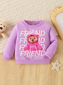 Baby Girl Bear & Slogan Graphic Sweatshirt - Purple - View 1
