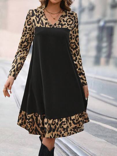 SHEIN Essnce 豹紋印花荷葉邊洋裝