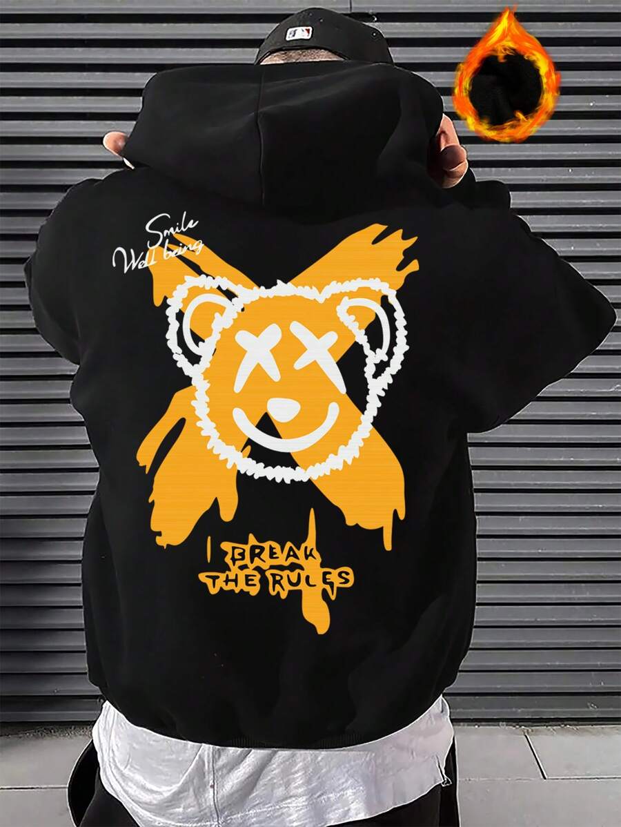 Manfinity EMRG 男士熊和標語圖案袋鼠口袋加絨內裏抽繩連帽衫 - 黑色 - 查看 1