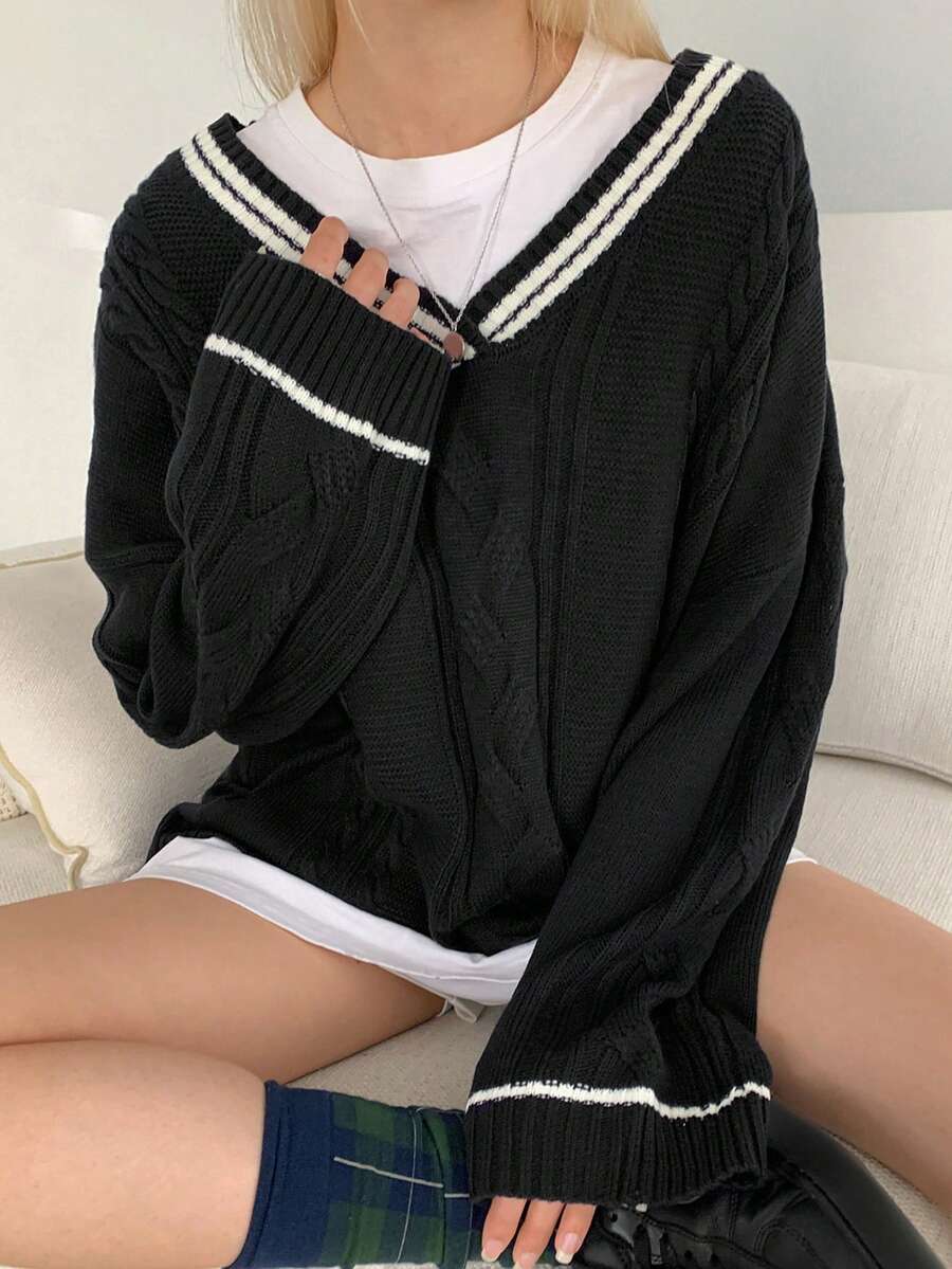DAZY Striped Trim Drop Shoulder Cable Knit Sweater Without Tee - Black - View 1