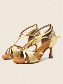 女士凉鞋，2.7英寸喇叭跟，超缎面拉丁舞鞋 - 金色 - 查看 2