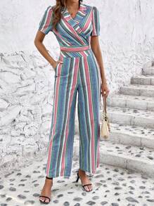 SHEIN VCAY Striped Print Puff Sleeve Blouse & Wide Leg Pants - Multicolor - View 1