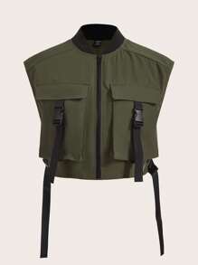 SHEIN EZwear 秋冬款带扣翻盖口袋短款背心夹克 - 軍綠色 - 查看 1