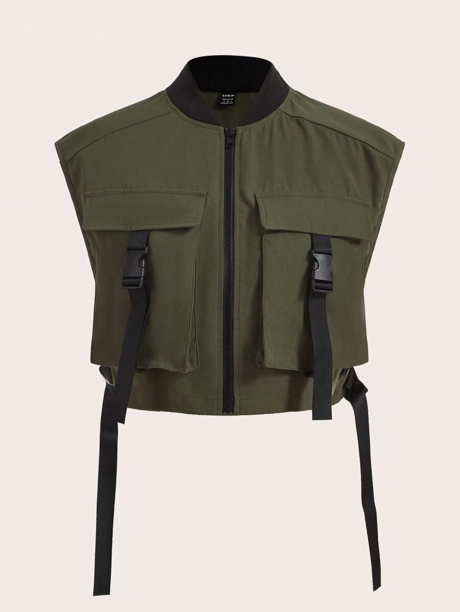 SHEIN EZwear 秋冬款带扣翻盖口袋短款背心夹克 - 軍綠色 - 查看 1