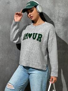 SHEIN EZwear Hơn Lá thư & Hình trái tim Thả vai Áo len - Màu Xám nhạt - Xem 4