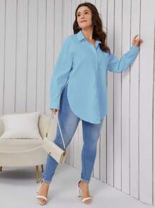 SHEIN Essnce Talla grande Camisa unicolor bajo curvo - Celeste - Ver 5