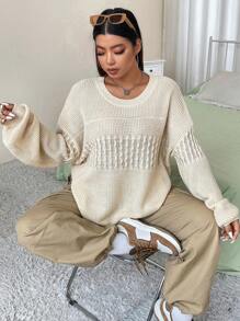 Flirla Plus Cable Knit Drop Shoulder Sweater Knit Pullover Fall Winter Sweater - Apricot - View 7