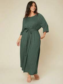 Mulvari Plus Solid Raglan Sleeve Belted Dress - Dark Green - View 1