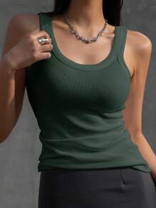 DAZY 素色條紋針織背心上衣 - 墨綠色 - 查看 3