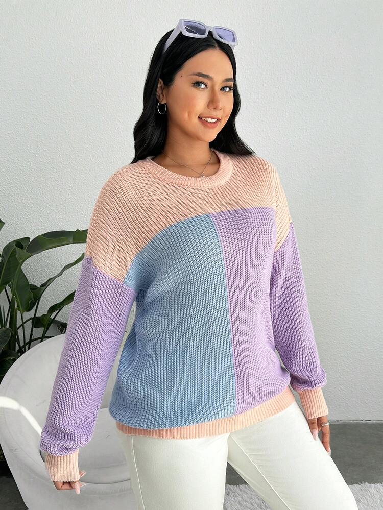 Plus Color Block Drop Shoulder Sweater
