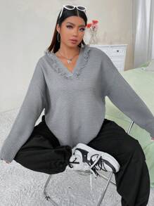 Flirla Plus Drop Shoulder Hooded Sweater Knit Pullover Fall Winter Sweater - Light Grey - View 3