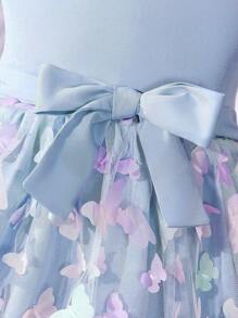 Tween Girl Butterfly Appliques Mesh Hem Halter Dress,Holiday,Summer,Travel - Blue - View 8