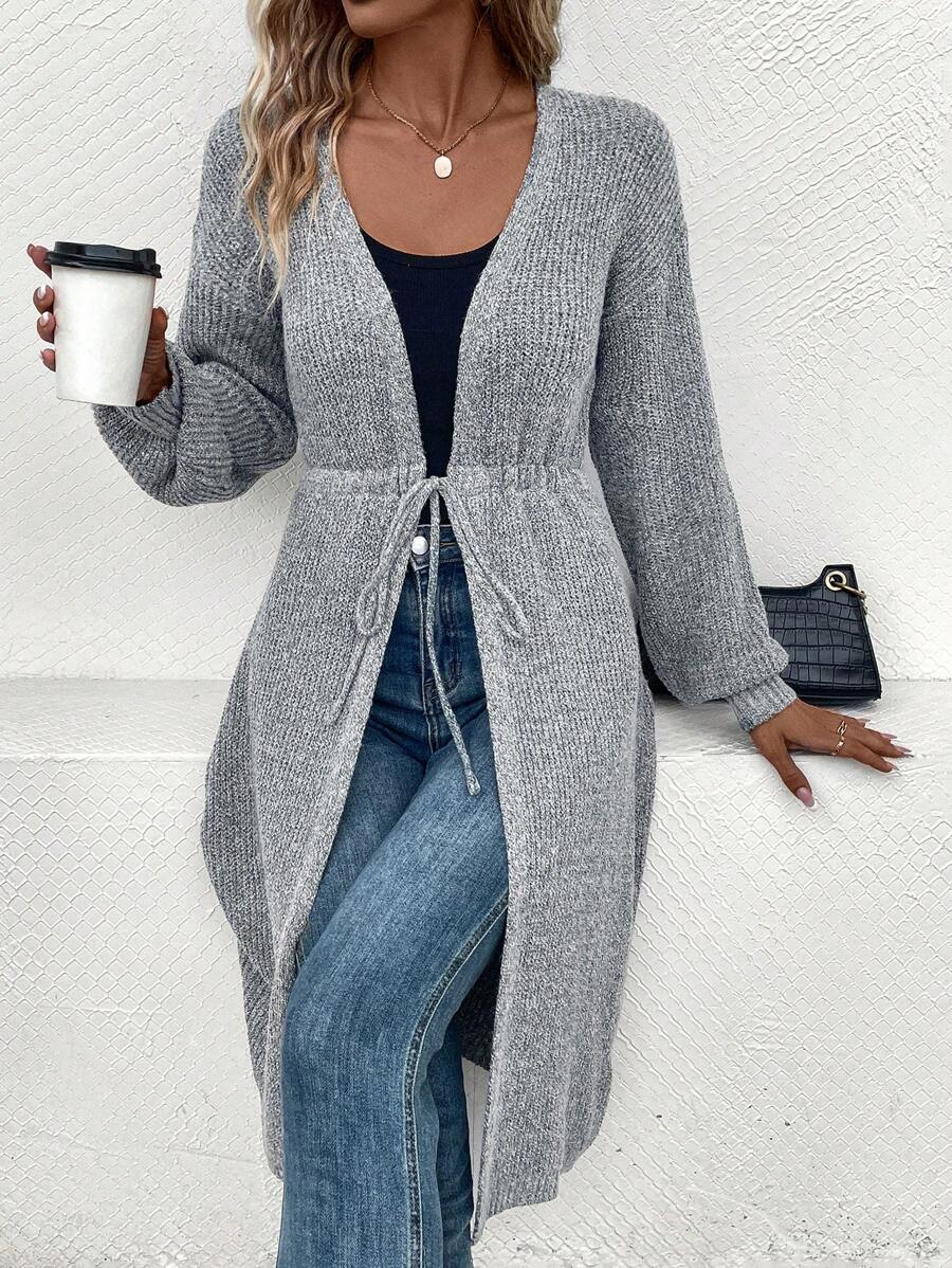 SHEIN LUNE Áo Cardigan hở vai rút dây eo - Xám - Xem 1