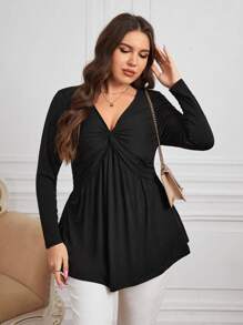 SHEIN Clasi 休閒荷葉邊 扭結純色大碼T恤 - 黑色 - 查看 7